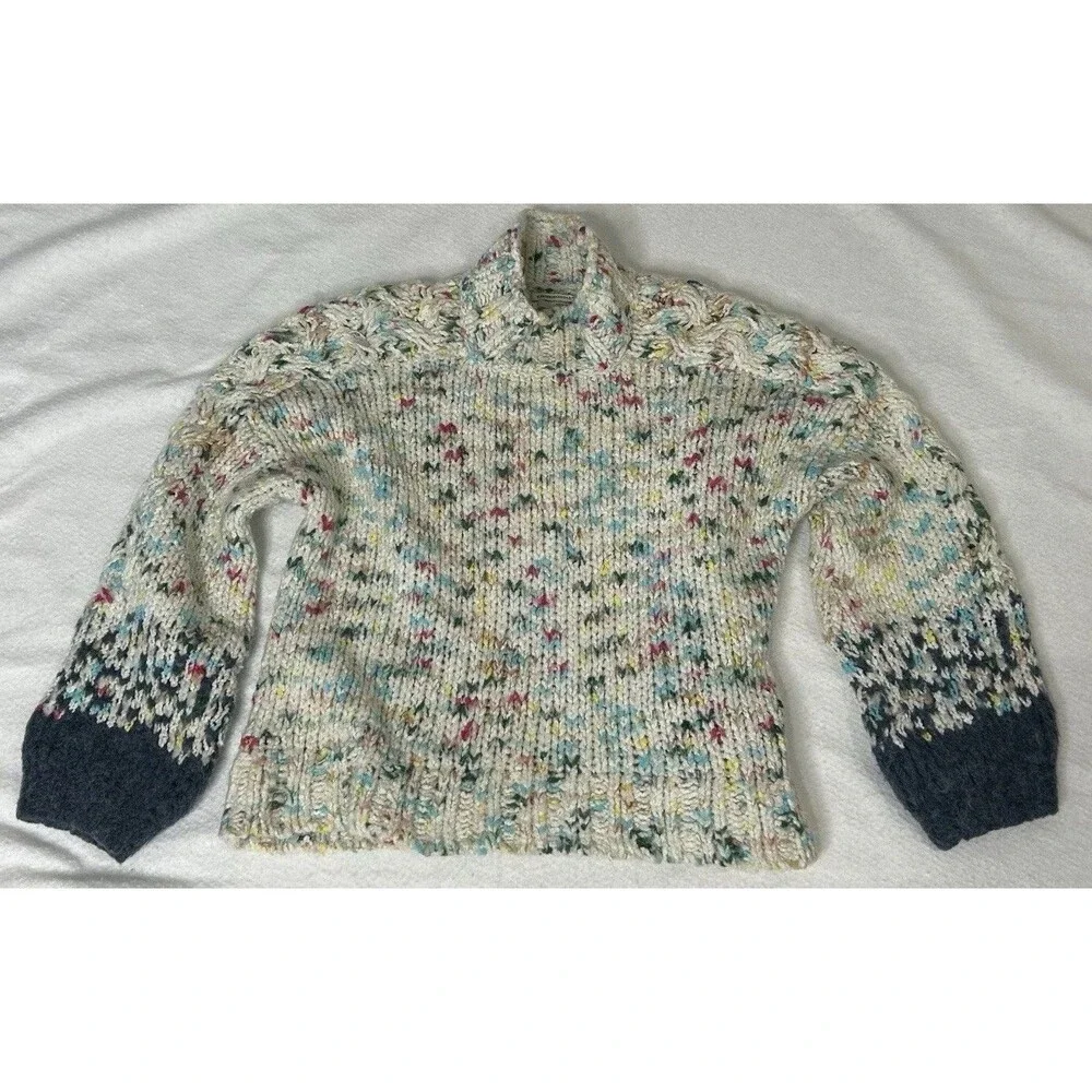 Anthropologie Gaia Sweater Large COZY Blue Chunky Knit Confetti Mock Neck